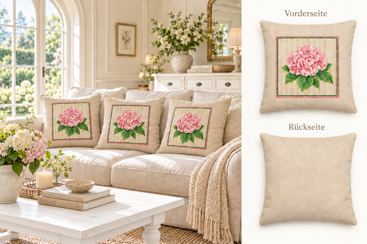 Kissen beige mit rosa Hortensie