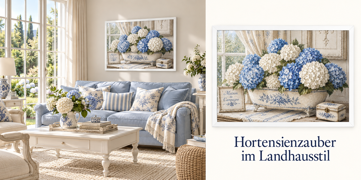 Leinwand mit Hortensien in weiß und blau