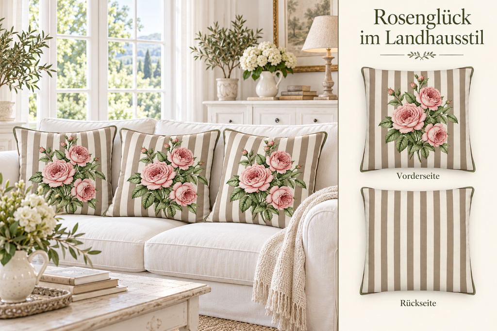 Kissen braun/weiß gestreift mit rosa Rosen