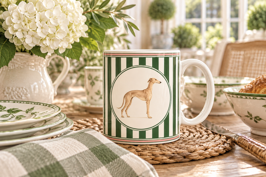 Tasse mit grün, weiße Streifen und Galgo. Galgo Charity Kollektion