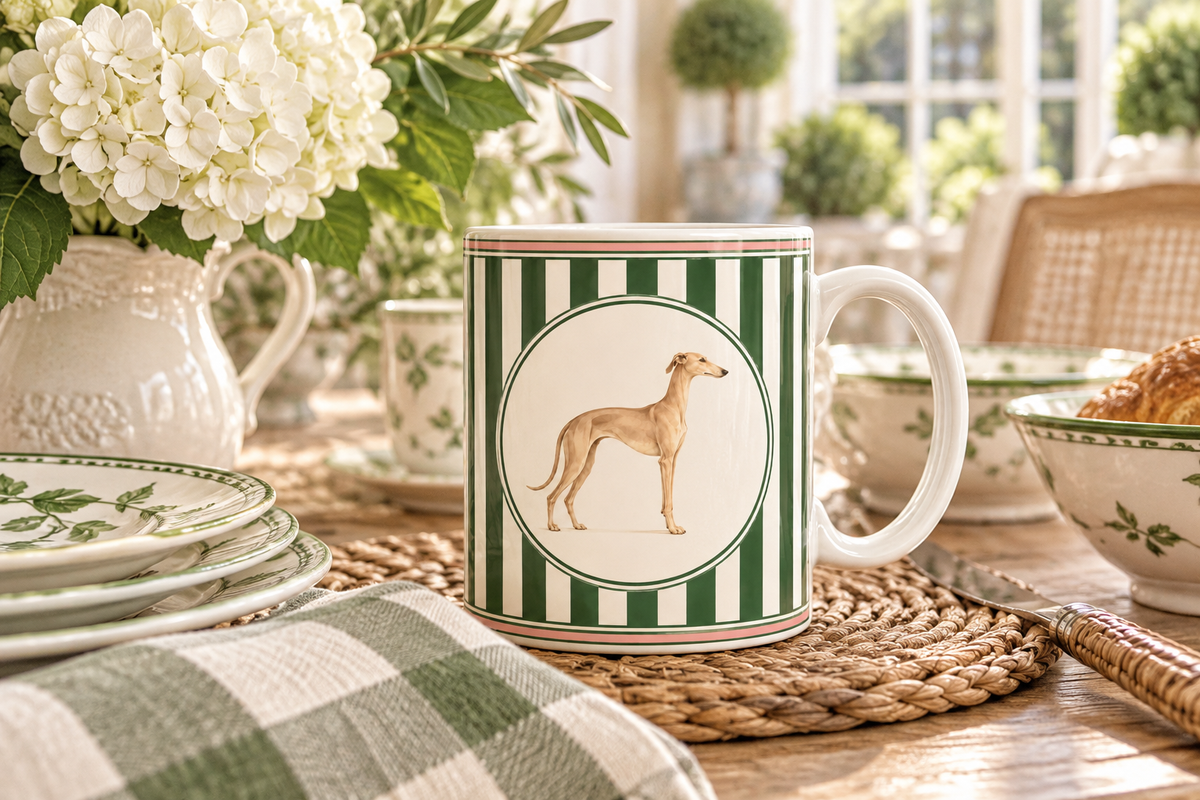 Tasse mit grün, weiße Streifen und Galgo. Galgo Charity Kollektion