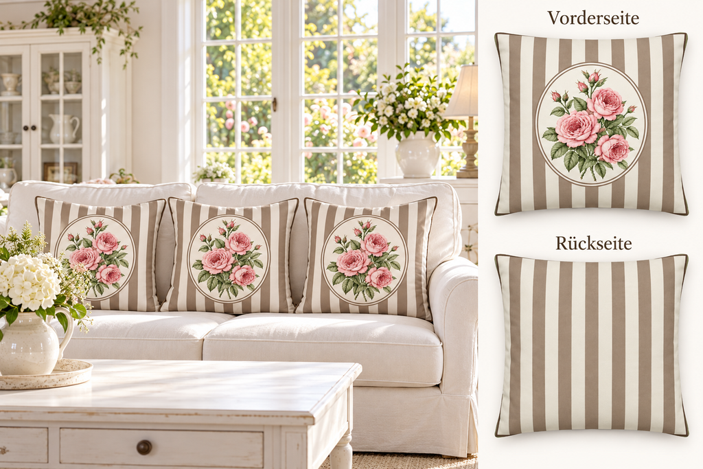 Dekokissen braun/weiß gestreift mit rosa Rosen