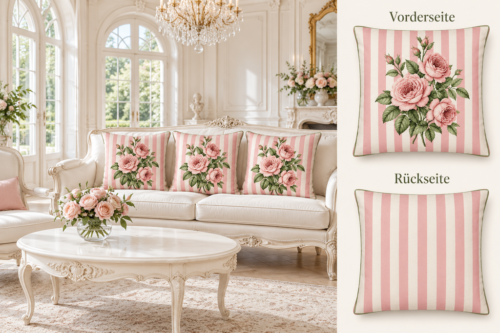 Dekokissen rosa/weiß gestreift mit rosa Rosen