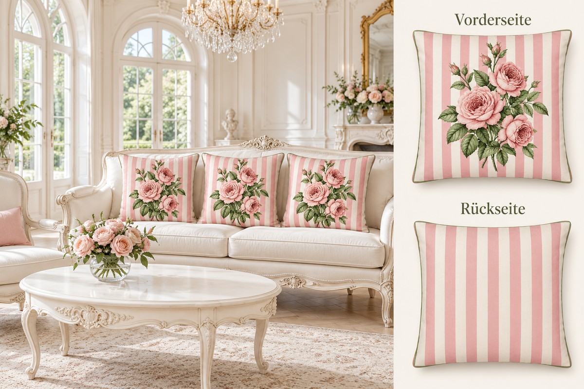 Dekokissen rosa/weiß gestreift mit rosa Rosen